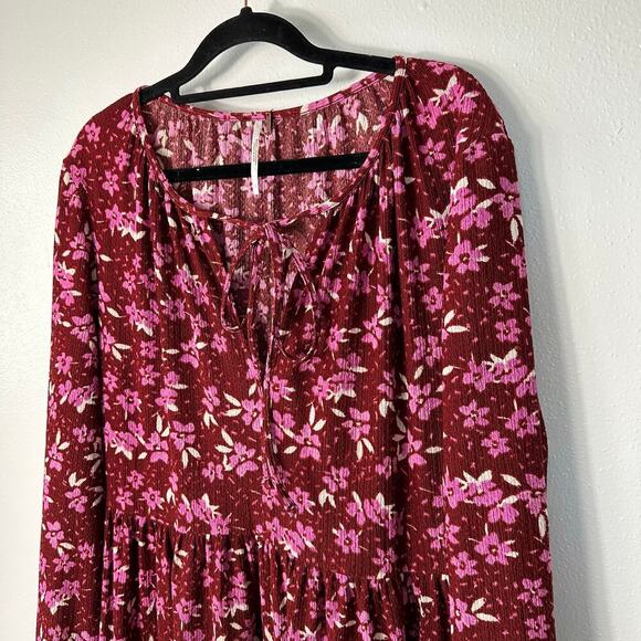 Free People Dress Tiers of Joy Midi Floral Long Sleeve Plum Combo Red Pink L - Picture 8 of 10